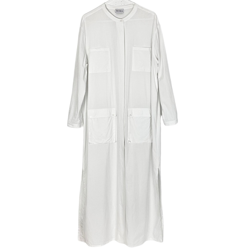 Rora Reid Dress Womens Large White Maxi Duster Long Sleeves Pockets Cotton